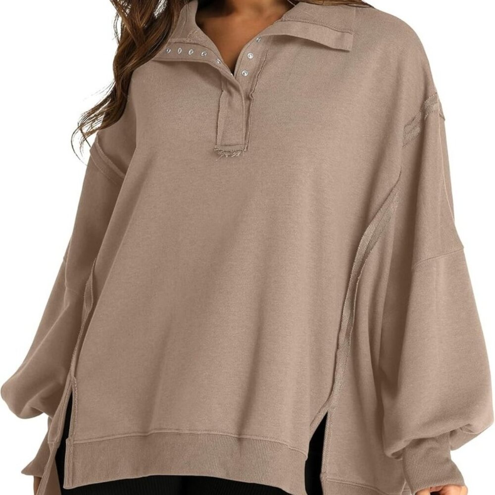 Stylish Taupe Pullover with Button Collar